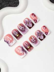 10片方形手工美甲贴片，Y2K 酷炫风格，裸色、白色、紫色，法式边缘，雕刻花朵、星星图案，闪亮美甲贴片，适合派对、婚礼、日常佩戴，包含工具包，是送给女性和女孩的绝佳礼物。 - 彩色 - 查看 1