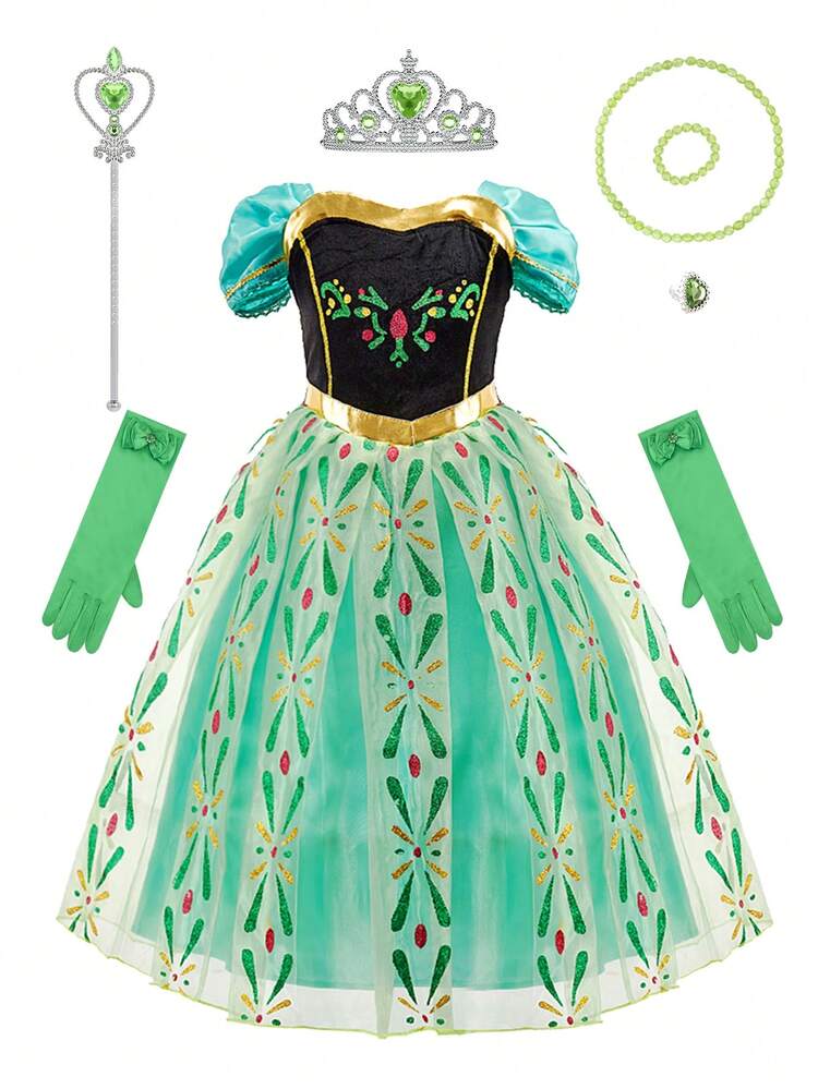 8pcs/Set Girls Green Floral Print Dress, Crown, Magic Wand, Necklace, Bracelet, Ring Costume Accessories Set, For Kids Role Play, Halloween, Christmas, Carnival - Green - View 12