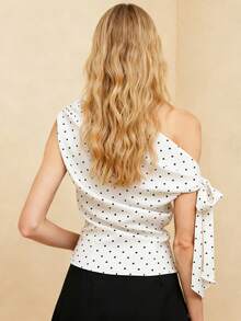 Women Tank Tops Off One Shoulder Sleeveless Dot Print Ruched Summer Crop Going Out Vest - White - View 4