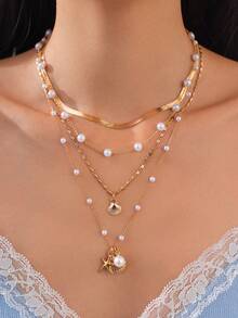 4pcs/Set Ocean Holiday Geometric Fine Chain Faux Pearl Beaded Flat Snake Chain Starfish Scallop Pendant Necklace, Elegant Luxury, Suitable For Wedding, Party, Beach, Casual, Street Style, Women & Couples, Holiday & Birthday Gift - Gold - View 2