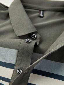 Herren Frühlings-/Sommer Poloshirt mit kurzen Ärmeln, gestreiftem Kragen, lässiger Pullover-Top mit halber Knopfleiste - Armeegrün - Übersicht 3