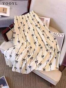 Yooly Bow Print Bohemian Casual Fashion Rubber Band Waist Skirt - Apricot - View 2