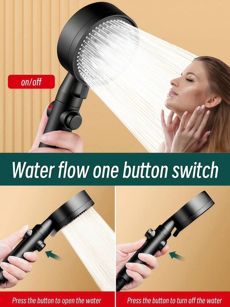 2个5档高压淋浴喷头套装，带软管，ABS材质手持式淋浴喷头，带开关按钮，含1.5米浴室软管 - 黑色 - 查看 4