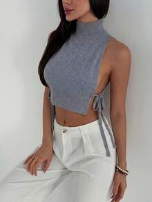 Grauer ärmelloser Rollkragen Strickoberteil, Seitenbindung Design, gerippte Textur, Slim Fit - sexy und schicker Stil, ideal für Wochenendverabredungen, lässiges Einkaufen, Bar-Treffen und Stadtbummel - Grau - Übersicht 6