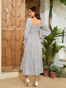 Fashionable Ditsy Floral Maternity Off-Shoulder Drawstring Long Sleeve Dress, Suitable For Vacation Spring - Blue - View 2