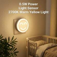 Đèn ngủ LED trắng ấm 0.5W với cảm biến thông minh, màu vàng ấm 2700K, thích hợp cho hành lang, phòng ngủ, phòng trẻ em, nhà bếp, cầu thang, thiết kế hình mặt cười (Lưu ý: Đèn ngủ này chỉ bật khi ánh sáng xung quanh đủ tối) - Phích cắm loại C của EU (220-240V) - Xem 6