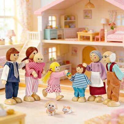 9pcs Warm People & Pet Figurine Set, Home Decor Tabletop Ornaments, Living Room Display Soft Toys, Party Favors, Scene Decoration Atmosphere Props, Stylish Ornament Combination