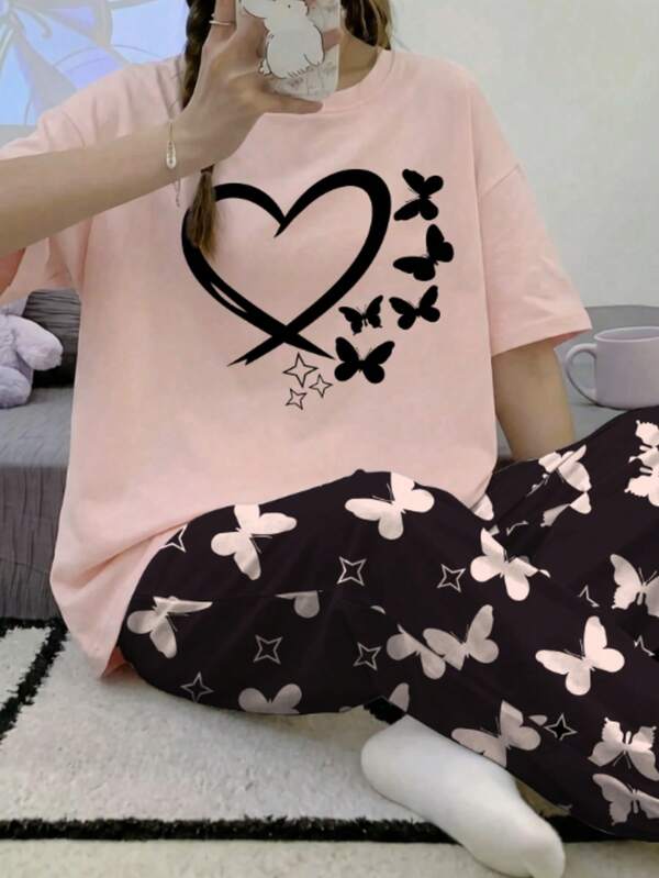 Teen GirlSummer Short Sleeve Top And Pants Set, Crew Neck Cartoon Rabbit Print Outfit