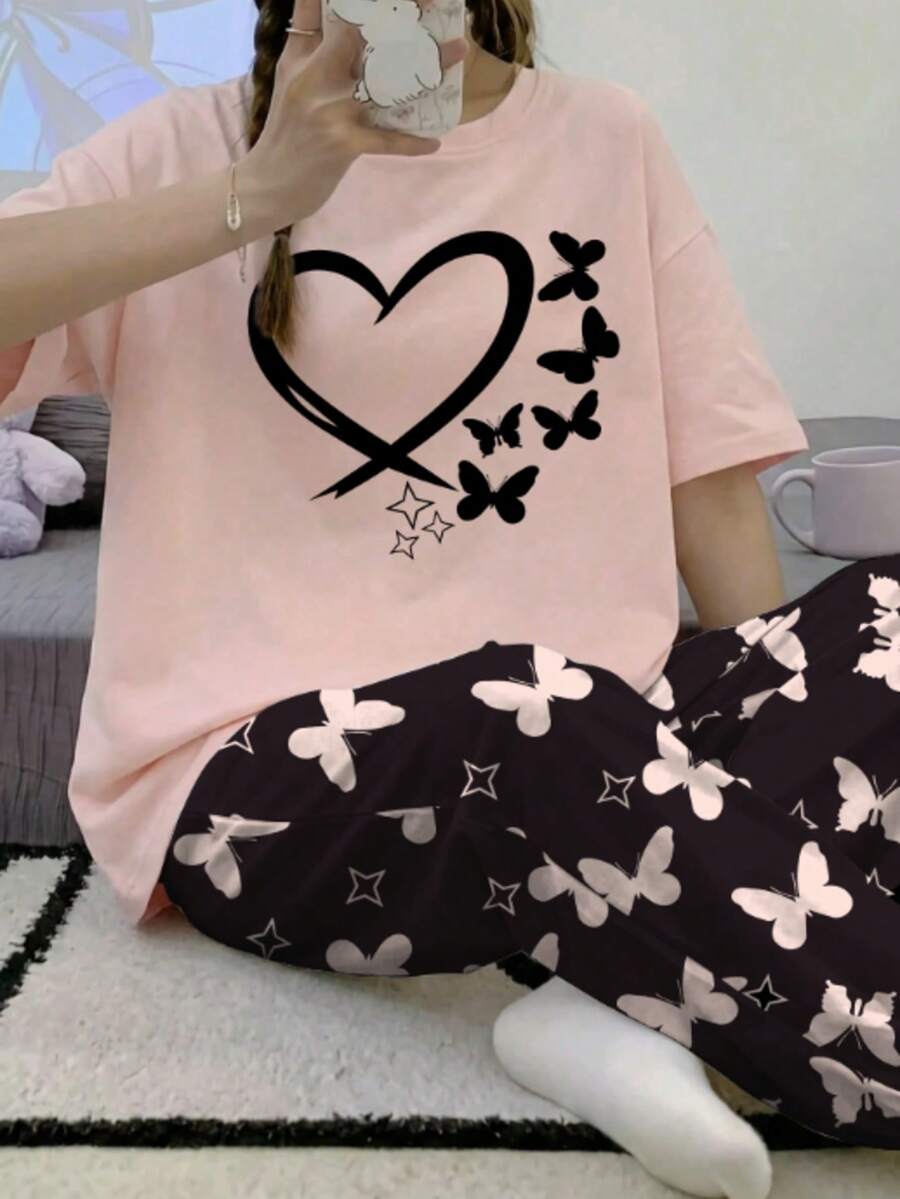 Teen GirlSummer Short Sleeve Top And Pants Set, Crew Neck Cartoon Rabbit Print Outfit - Pink - View 1