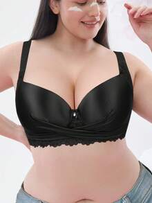 Plus Size Lace Wide Strap Bra - Smooth Thin Padding, Bow Decor, Underwire Support, Lace Trim - Black - View 11