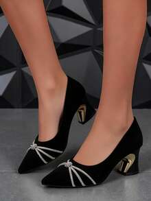 High-End Pointed-Toe Women's Dress Shoes, Suede Upper, Crystal Embellishment On The Toe, Two-Tone Unique Heel, Suitable For Parties, Weddings, Banquets, Balls, And Everyday Wear, Non-Slip Sole, Comfortable Lining. - 黑色 - 查看 3