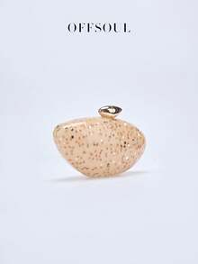 椭圆形鹅蛋形亚克力晚宴包，新款女士派对宴会包，亮片波点硬壳手拿包，配链条肩带 - 棕色 - 查看 5