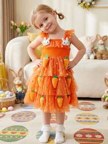 Toddler Girls Easter Tutu Dress Adorable Flying Sleeve Square Neck 3D Carrot Bunny Decorated Tulle Princess Dress - 橘色 - 查看 6