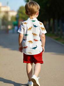 2 Stücke Jungen Dinosaurier Muster Kurzarm Hemd und Shorts Set, bequemer lässiger Sommer Outfit - Rot - Übersicht 3