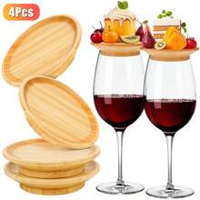 4pcs Appetizer Drink Cup Lids, Bamboo Drink Cup Covers To Prevent Spilling, Coaster Plate Set For Home Gatherings, Restaurants, Bars, Parties - Wooden - View 1