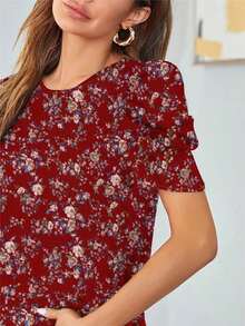 Fashion Me 女士碎花圆领纽扣泡泡袖修身涤纶混纺套头衫，酒红色，乡村风格，休闲优雅，适合春夏穿着，情人节假期也适用。 - 紅色 - 查看 3