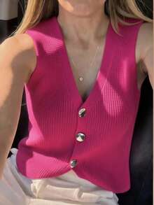Elegant Women's Modal Vest With Buttons - Rose Red - View 1