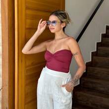 Antonella Premium Polyamide Top, Wrap Style, Luna Fashion, Party, Summer, High Versatility, Perfect Fit, Fabric, Backless, Asymmetrical Strapless Top, Night. - Redwood - View 2