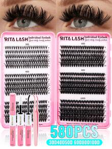 RITALASH 580pcs Eyelash Extension Kit, Includes Adhesive And Sealant, 6 Styles, Fluffy & Soft Lash Extension Set, 30D/40D/50D/60D/80D/100D D-Curl Natural DIY Individual Lash Cluster Set, Suitable For Beginners - Black - View 1