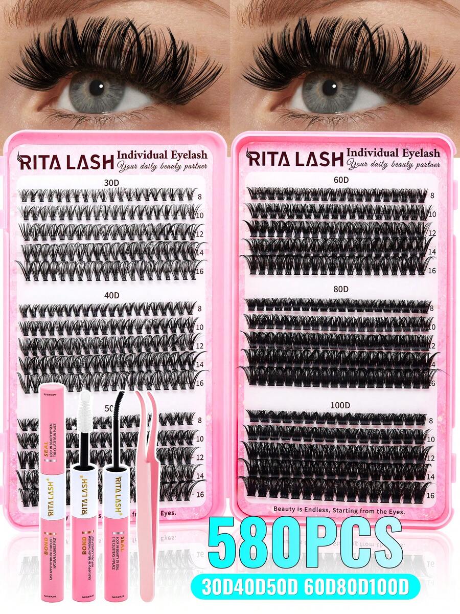 RITALASH 580pcs Eyelash Extension Kit, Includes Adhesive And Sealant, 6 Styles, Fluffy & Soft Lash Extension Set, 30D/40D/50D/60D/80D/100D D-Curl Natural DIY Individual Lash Cluster Set, Suitable For Beginners - Black - View 1