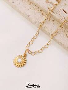 1pc Bohemian Style Stainless Steel Natural Stone Sun Charm Necklace For Women Heart Chain Necklace Collar Chain Jewelry Gifts - Yellow Gold - View 9