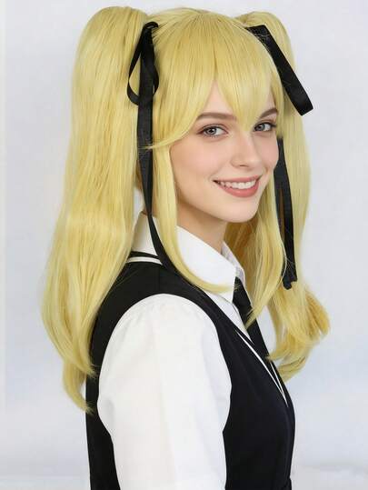 这款短直波波头动漫角色扮演假发，配有双直发夹式马尾辫，适合女性日常派对佩戴。粉色和黑色搭配紫色挑染和黄色可选。采用耐热合成纤维制成，带有刘海。三件套假发，适合节日、动漫展、舞台表演、生日礼物、圣诞节装饰等场合。外观自然，新手友好。