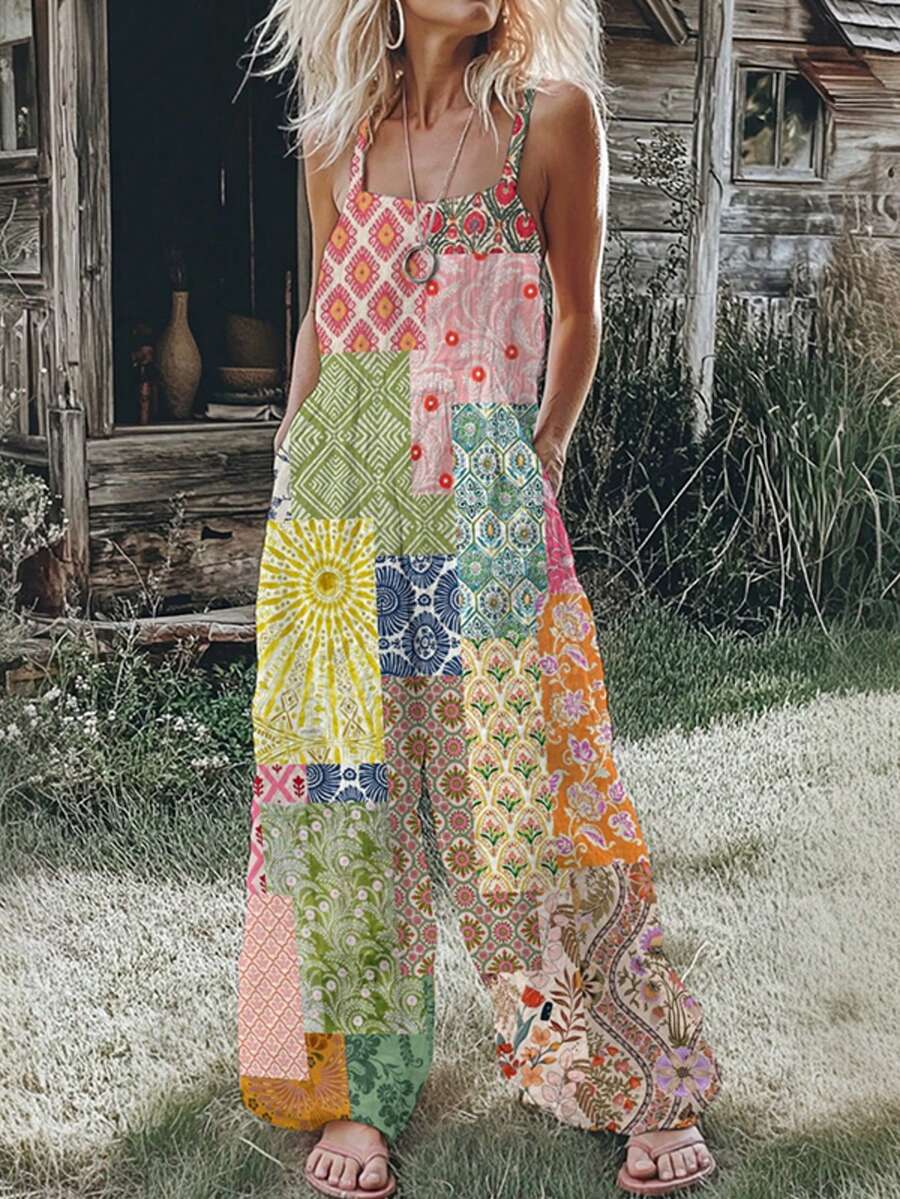 (Free Shipping!!!) 2026 Women's New Arrival Multi Color Geometric Floral Patchwork Spaghetti Strap Wide Leg Bohemian Pastoral Vintage Casual Jumpsuit - 粉色 - 查看 1