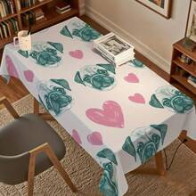1pc Cute Pug Dog & Pink Heart Tablecloth, Featuring Pug Face Print - Turquoise & Pink Puppy Design, Durable Fabric Rectangular Tablecloth, Suitable For Party, Dining Table, Easy To Clean Pet Themed Tableware - Multicolor - View 2
