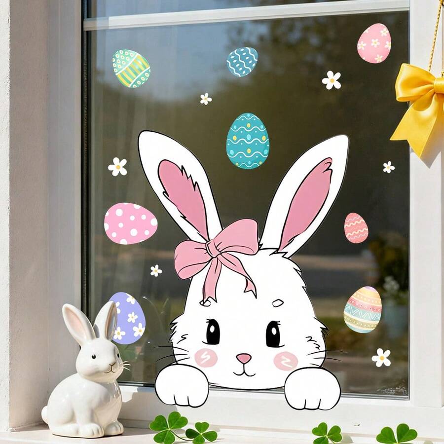 1pc Creative Easter Window Sticker, Featuring A Bunny And Easter Egg Design, Reusable Vinyl Glass Decal, Suitable For Home Living Rooms, Offices, Shop Window Displays, And Spring Party DIY Wall Decoration. - multicolor - View 1