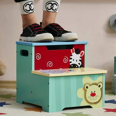 Kids Wooden Step Stool, 2-Steps Stool With Toys Storage Box, Boys Girls Bathroom Toilet Trainer Kitchen Ladder, Non-Slip Toddlers Chair With Cute Cartoon Animal Painted