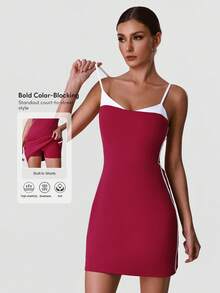 Sodalemon Women's Contrast Color Workout Fitness Dress, Elastic Sports Casual Yoga Dress With Contrast Lining Summer - Red Violet - View 3