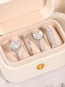 4 piezas de anillos de circonita cúbica preciosos con caja para mujeres para boda, compromiso, aniversario, fiesta, joyería, regalo del Día de San Valentín - Plateado - Ver 3