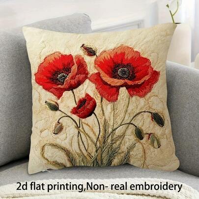 1pc Poppy Flower Pattern Throw Pillow Cover - 45x45cm, Single-Sided Digital Printing, Suitable For Living Room, Bedroom, Chairs And Other Home Decor, Machine Washable Zipper Design, Decorative Cushion Cover, Suitable As Gift For Family, Friends, Colleagues, Christmas, New Year, Birthday Party, Not Real Embroidery, Inner Pillow Not Included