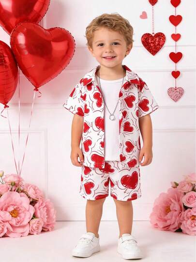 1pc Valentine's Day Heart Print Lapel Short Sleeve Shirt, Lightweight & Breathable, Boys Casual Shirt
