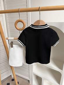 男婴夏季休闲时尚条纹Polo领短袖上衣+百搭短裤套装（2件套），适合日常、运动、通勤、上学等场合。 - 黑色 - 查看 2