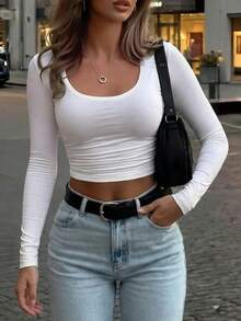 女士休闲圆领长袖T恤，适合春、秋、冬季穿着 - 白色 - 查看 5