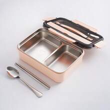 1 Pcs 304 Stainless Steel Lunch Box With Lid, Complimentary Spoons And Chopsticks, Student Cafeteria Dormitory Specific Lunch Box, Double-Layer Heated Lunch Box That Can Be Filled With Water, Perfect Holiday Gift - 粉色 - 查看 12