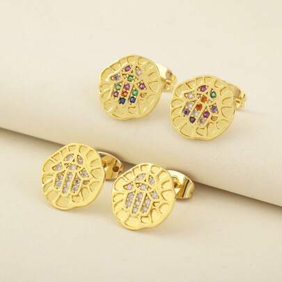 Nuevos pendientes de botón con forma de palma chapados en oro retro, con cristal de circonita brillante para mujeres, joyería de oreja vintage con diseño geométrico irregular