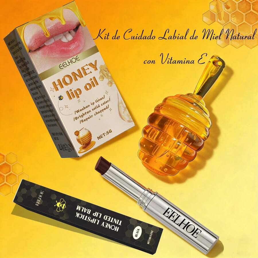 EELHOE Kit de Cuidado Labial de Miel Natural con Vitamina E - Portátil para Uso Diario y Reparación Nocturna, Ligero Sin Residuo, Suaviza Cutículas, Diminuye Líneas, Mejora Tonos Opacos, Labios Suaves