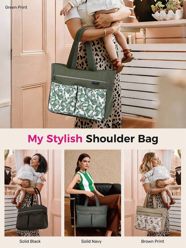 Stylish Tote Bag Shoulder Bag With Laptop Compartments, Multifunctional Diaper Bag For Women With Durable Foldable Changing Mat & Built-In Hooks, Quick Attach To The Stroller, Perfect For Daily Use, Travel, Work, Nurse, Shopping, All-Season Use