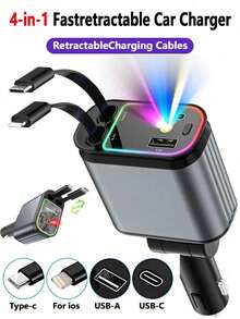 4-In-1 Retractable Car Charger Features A Starry Dome Design And Supports 66W Fast Charging It Boasts Ambient Lighting Effects And A Red Starry Dome Light Two USB Ports A 180° Adjustable Plug And A Built-In 80cm Retractable Type-C/IOS Data Cable Compatible With Various IOS/Android Phones It's An Essential Accessory For Your Car And A Perfect Holiday Gift - Black - View 2