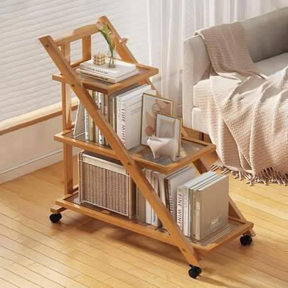 Foldable Rolling Bookshelf With Storage, Bamboo Side Table, 2/3 Tier Kitchen Rack, Easy Assembly
