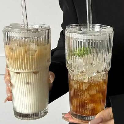 3pcs Vintage Striped Glass Cups, Glass Cup With Straw, Coffee Mugs, Tea Cups, Water Bottle, Water Pitcher, Made Of Thick High Borosilicate Glass, 650ml, Suitable For Iced Coffee, Juice, Beverages, Home And Party, Glass Cups, Coffee Cups For Office Cold/Hot Drinks, Household Use