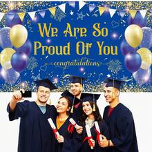 Blue Gold Congratulations We Are So Proud Of You Backdrop Banner Photography Background Hanging Party Supplies - A - View 3