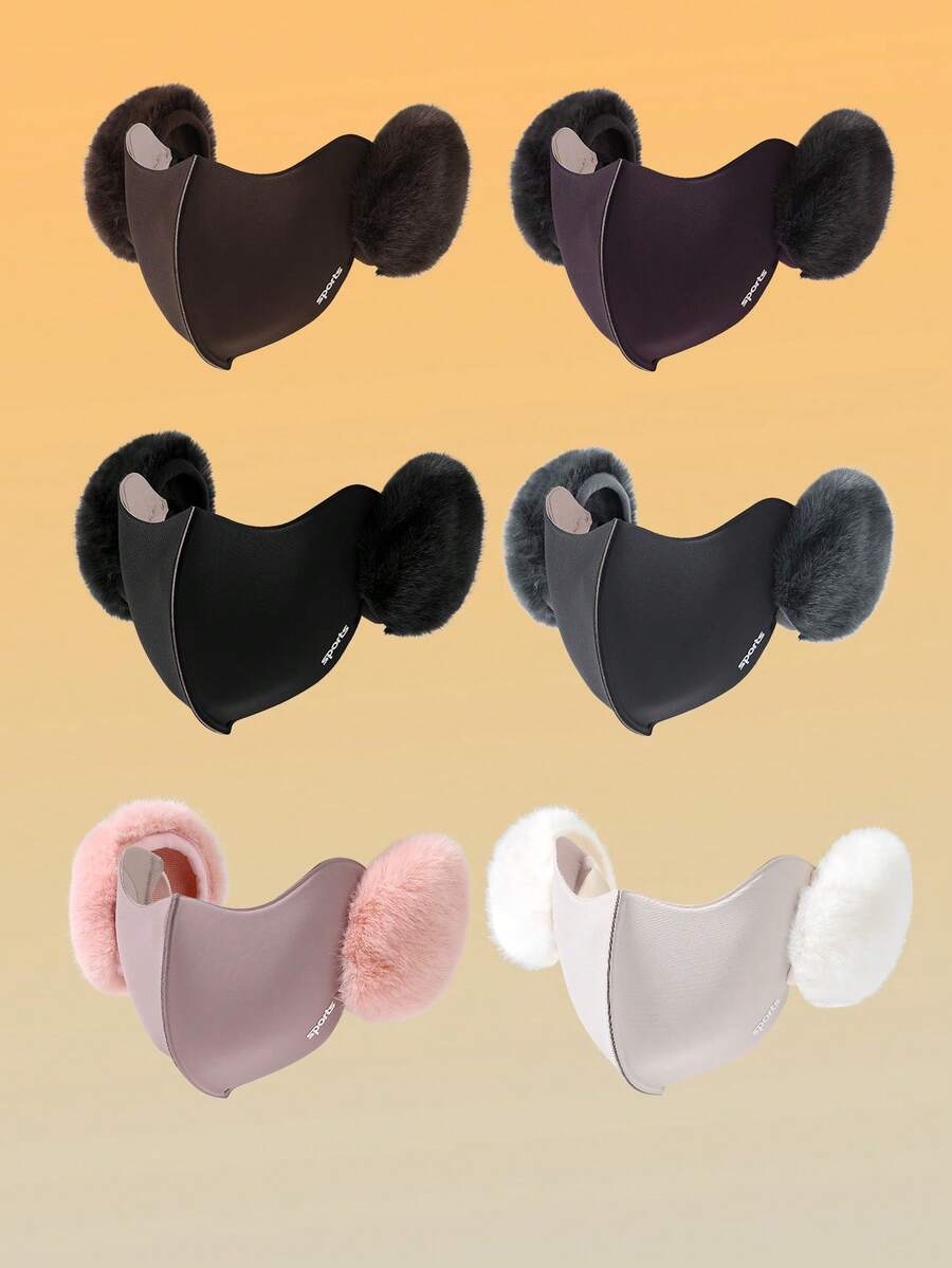 1件装纯色涤纶（聚酯纤维）冬季口罩，带耳罩，仿毛皮防风保暖时尚冬季二合一口罩，带耳罩 - 黑色 - 查看 1