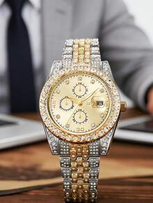 1件时尚简约罗马数字表盘全水晶不锈钢石英表，适合日常佩戴、生日、送礼、周年纪念、光棍节、万圣节促销等场合，不含礼盒 - 金色 - 查看 1