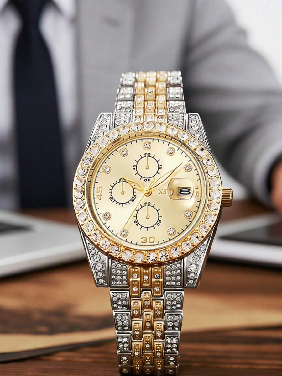 1件时尚简约罗马数字表盘全水晶不锈钢石英表，适合日常佩戴、生日、送礼、周年纪念、光棍节、万圣节促销等场合，不含礼盒 - 金色 - 查看 1