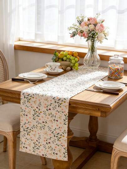 1pc Spring/Summer Floral Table Runner, Rectangular, Washable, Suitable For Sideboard, Shoe Cabinet, Dining Table, Home Decor, Room Decor, Applicable For Farmhouse, Kitchen, Dining Room, Living Room, Picnic, Date, Party, Holiday Decoration, All Season