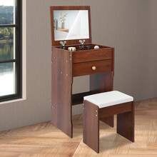 Compact Makeup Vanity Table With Mirror & Stool, 40cm Flip-Up Dressing Table For Bedroom With Storage Compartments, Vanity Table With Mirror For Bedroom, Space-Saving Vanity Desk - Warm White, Black Walnut, White Oak - Quả óc chó đen - Xem 5