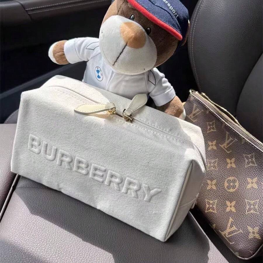 Burberry Beige Canvas Cosmetic Pouch - 1-Piece Zippered Makeup Bag With Embossed Logo & Leather Zipper Pull, Luxury Designer Travel Toiletry Organizer For Daily & On-The-Go Use - Beige - View 1